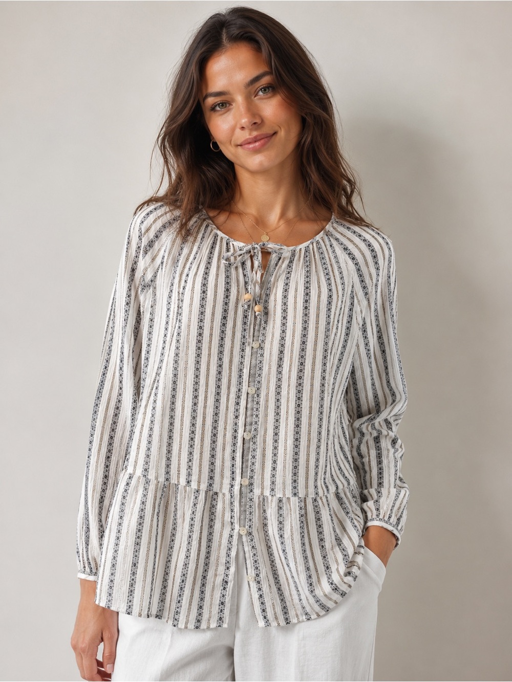 J. Jill Striped Peasant Tunic Top Boho Coastal Cottagecore Cotton Medium